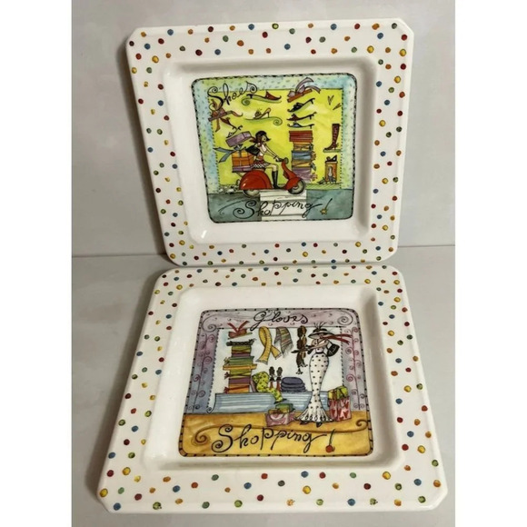Set 2 Brunelli Shoe and Tray Gloves Shopping Italy Girl Square Decorative Plates - Picture 1 of 8